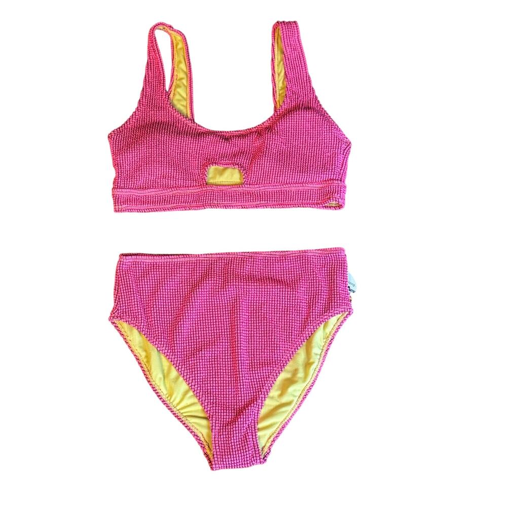 NWT 2 Piece Cut Out Swimsuit Bikini Pink Metallic Gold High Waist Cheeky Bottoms